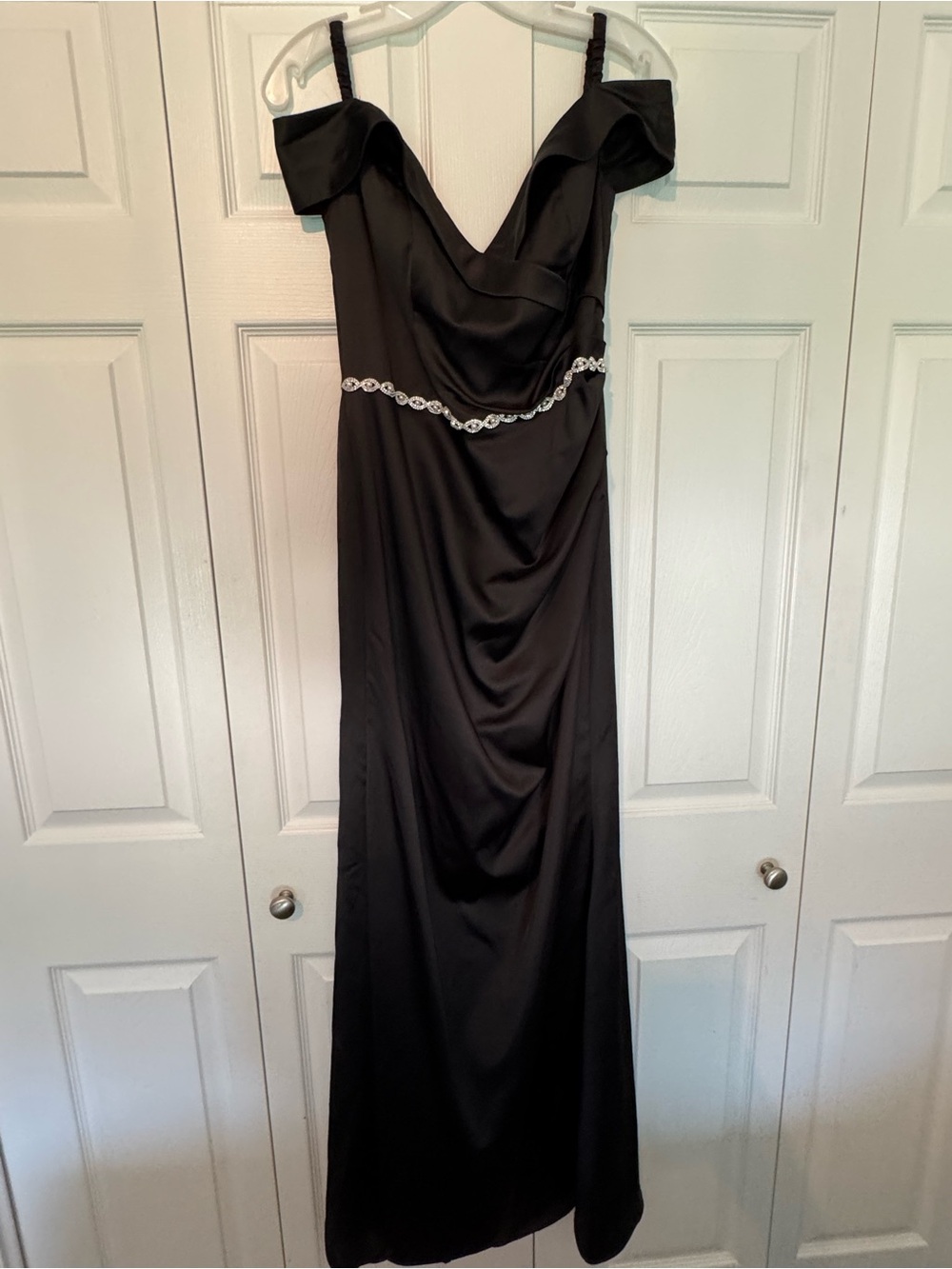 Signature Black Off-Shoulder Evening Gown with Crystal Waist